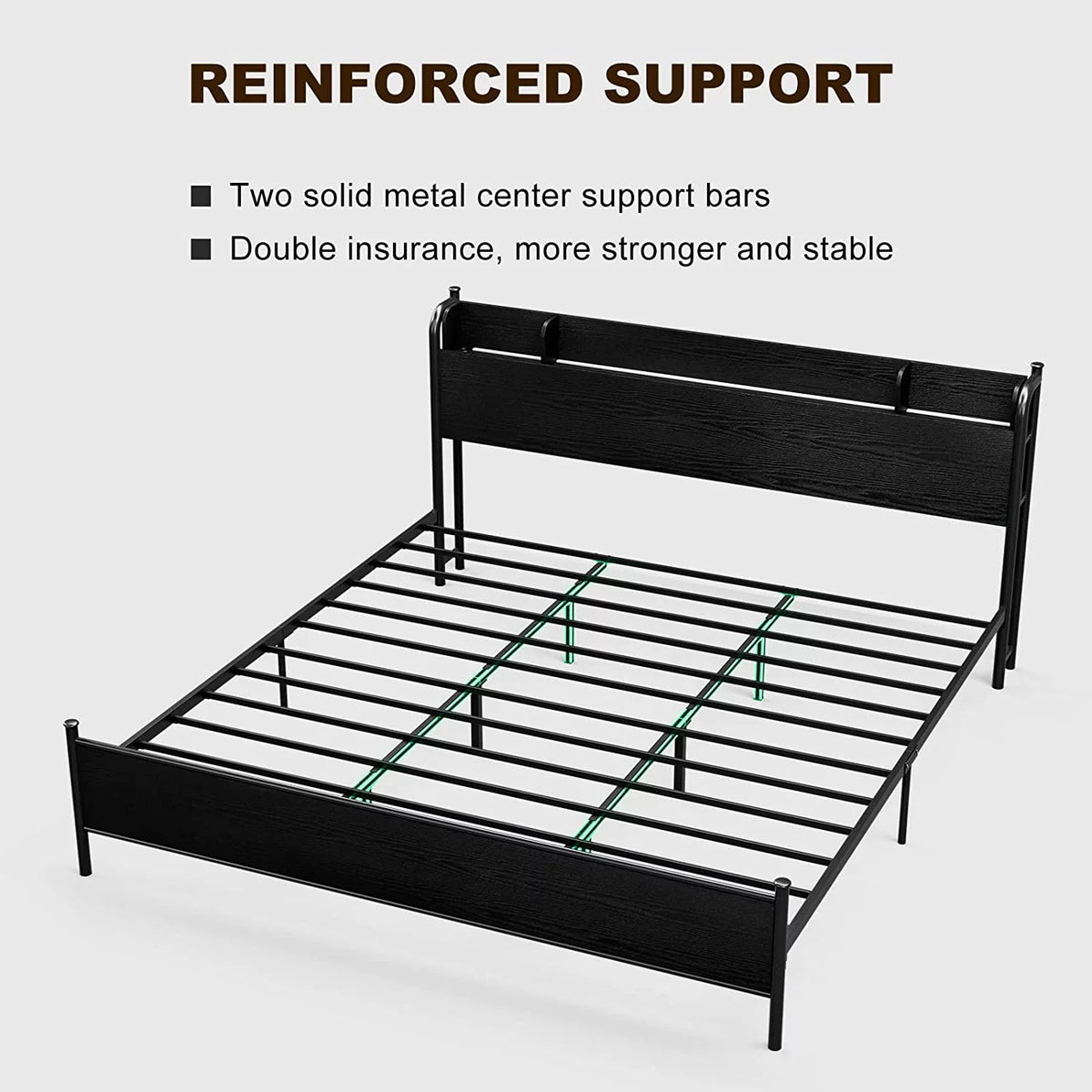 California King Metal and Wood Platform Bed Frame with Storage Shelf Headboard and Charging Station C964