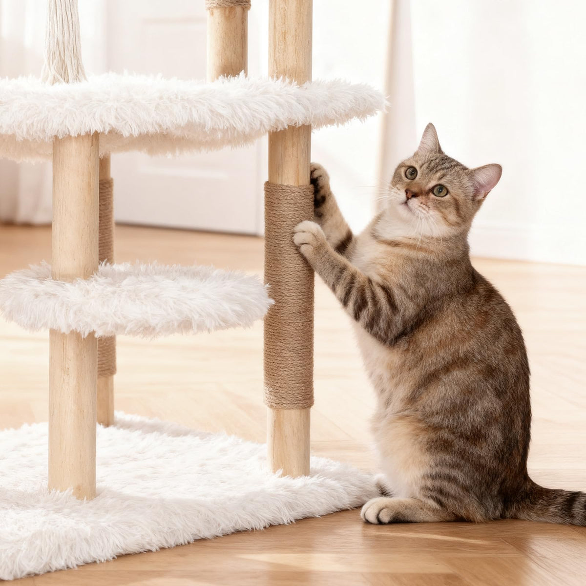 70" Tall Natural Solid Wooden Cat Tree Tower with Scratch Posts Y817