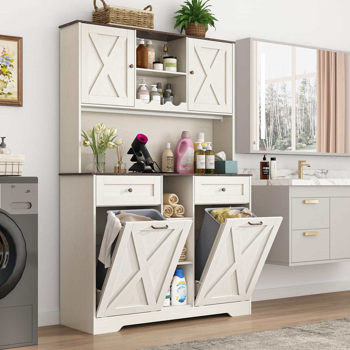 White Kitchen Pantry Storage Cabinet with Power Outlets and Two Drawers X18964