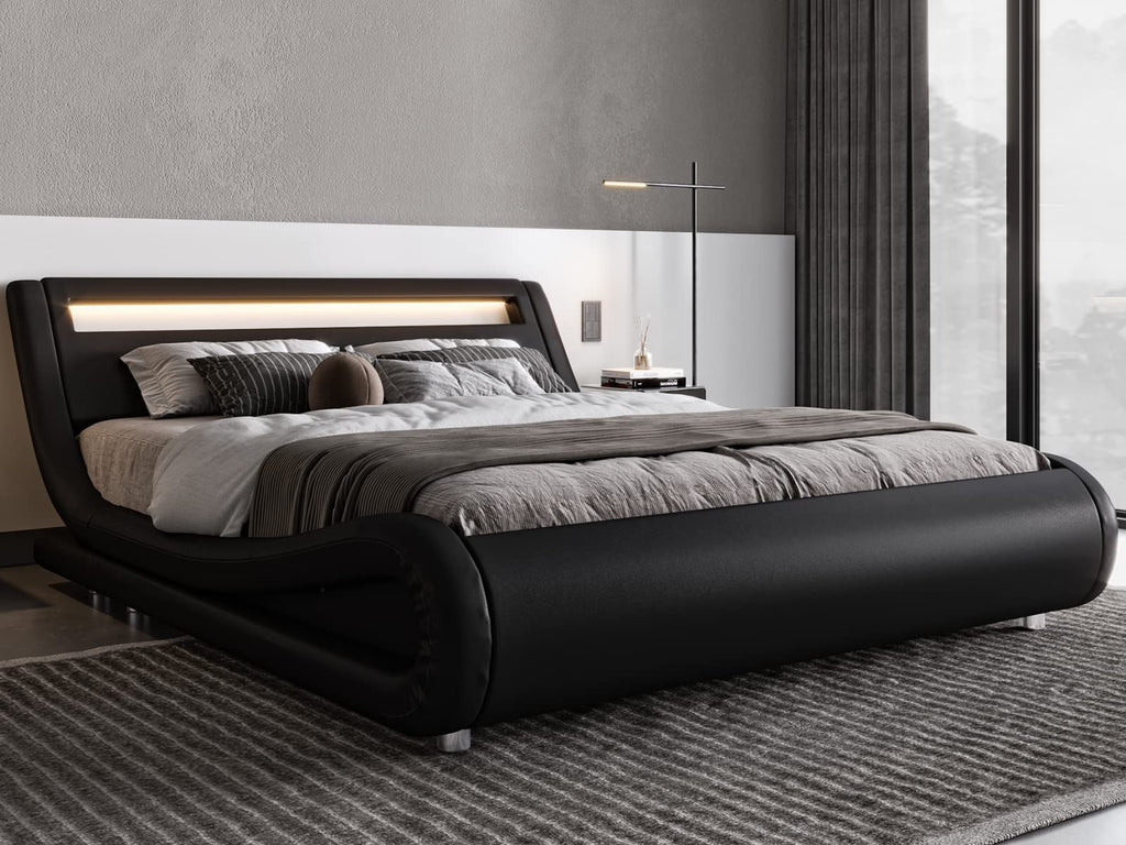 Queen Size LED Platform Bed Frame with Adjustable Headboard, Black H527512