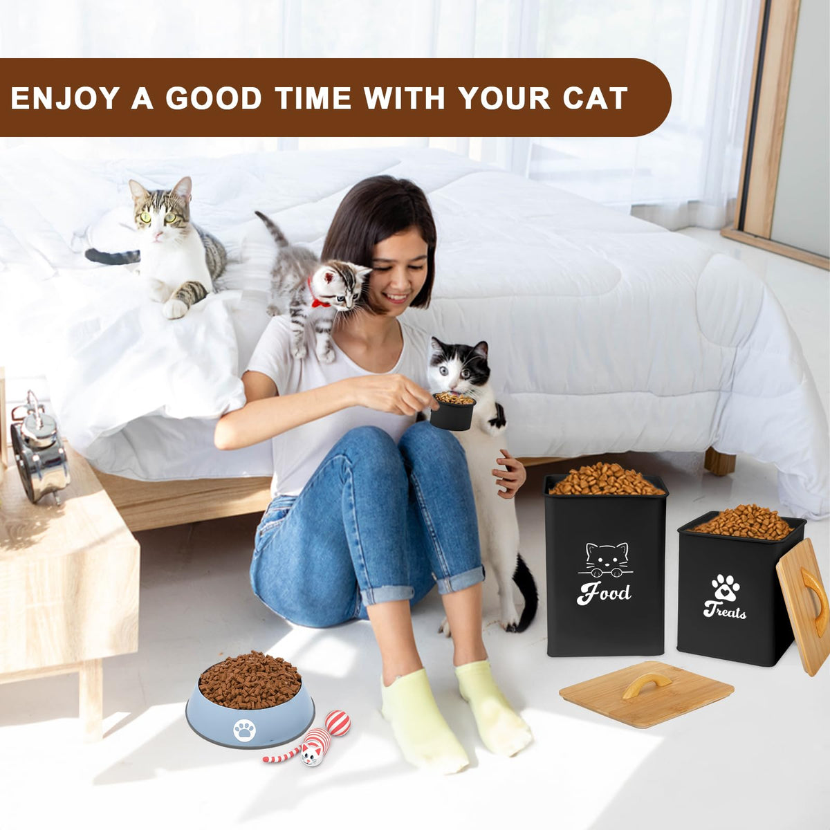 Black Airtight Cat Food Storage Container with Scoop Q83339