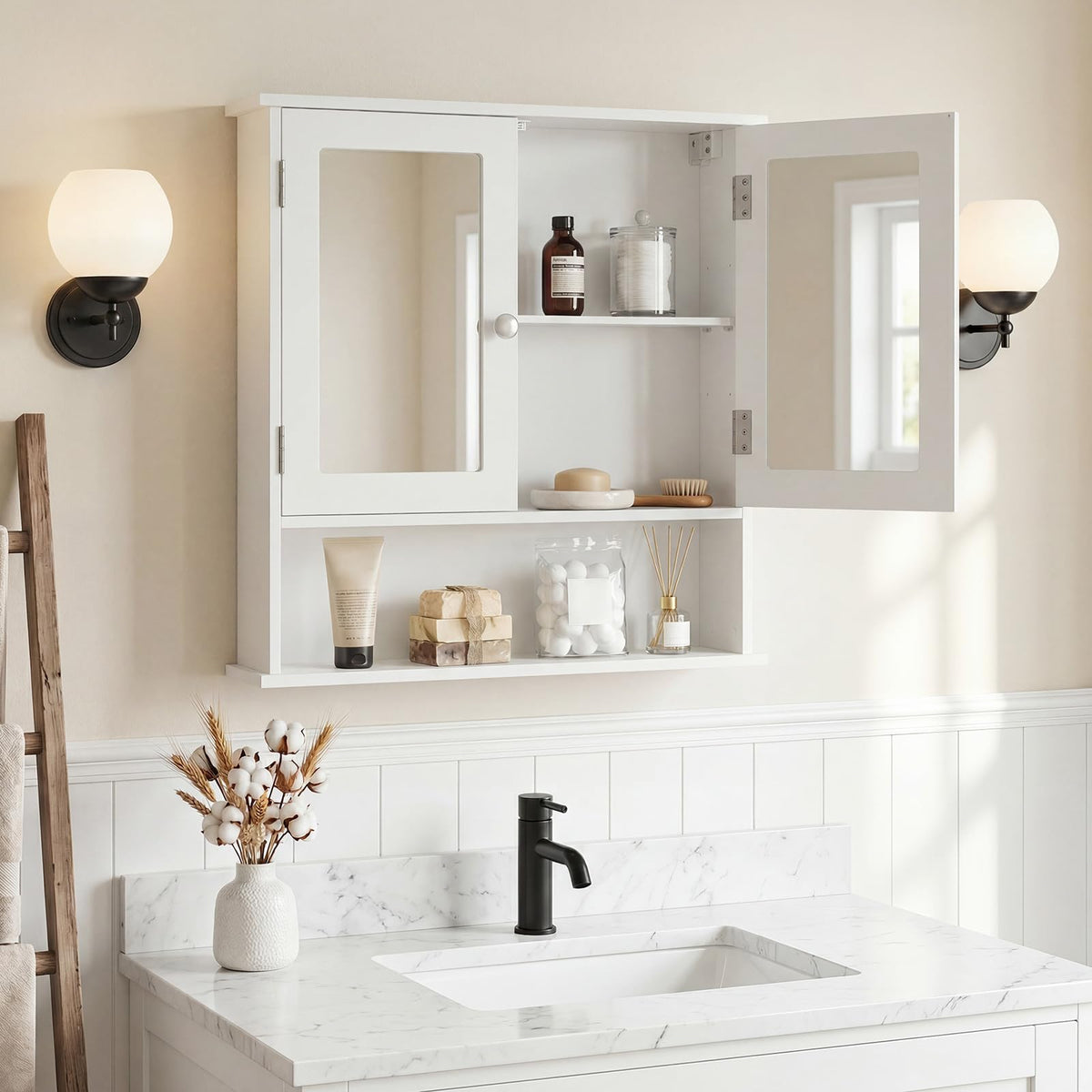Wall Mounted Mirror Medicine Cabinet with Doors and Shelves J48929