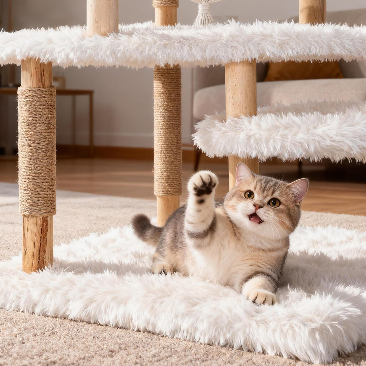 70" Tall Natural Solid Wooden Cat Tree Tower with Scratch Posts Y817