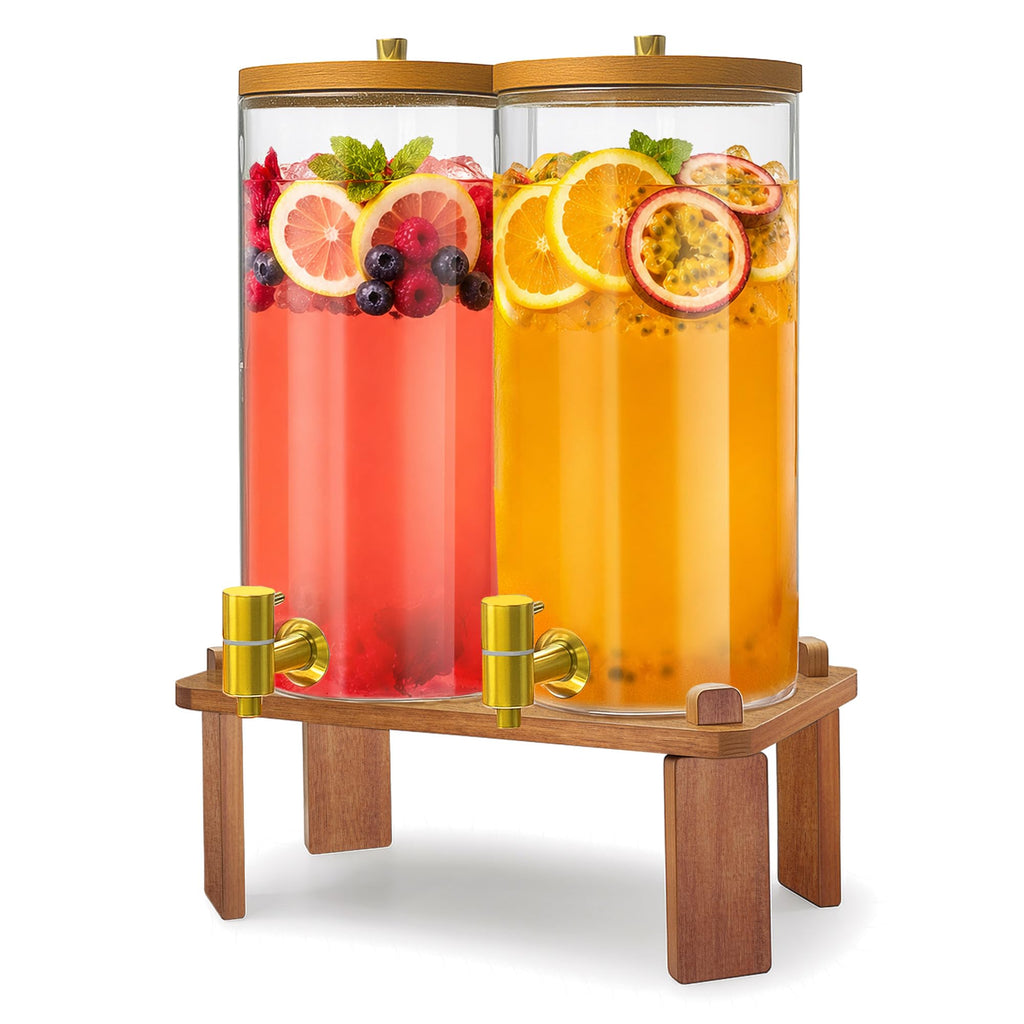 2PCS 1.5 Gallon Glass Beverage Dispenser with Wood Stand C489