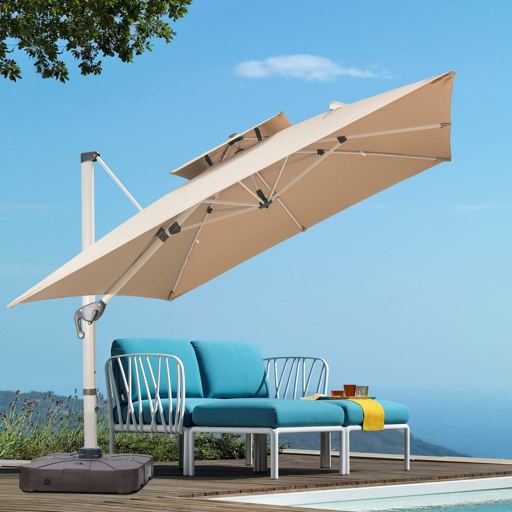 10 FT Square Cantilever Patio Umbrella with Solar LED Lights and Cross Base, Khaki D252935