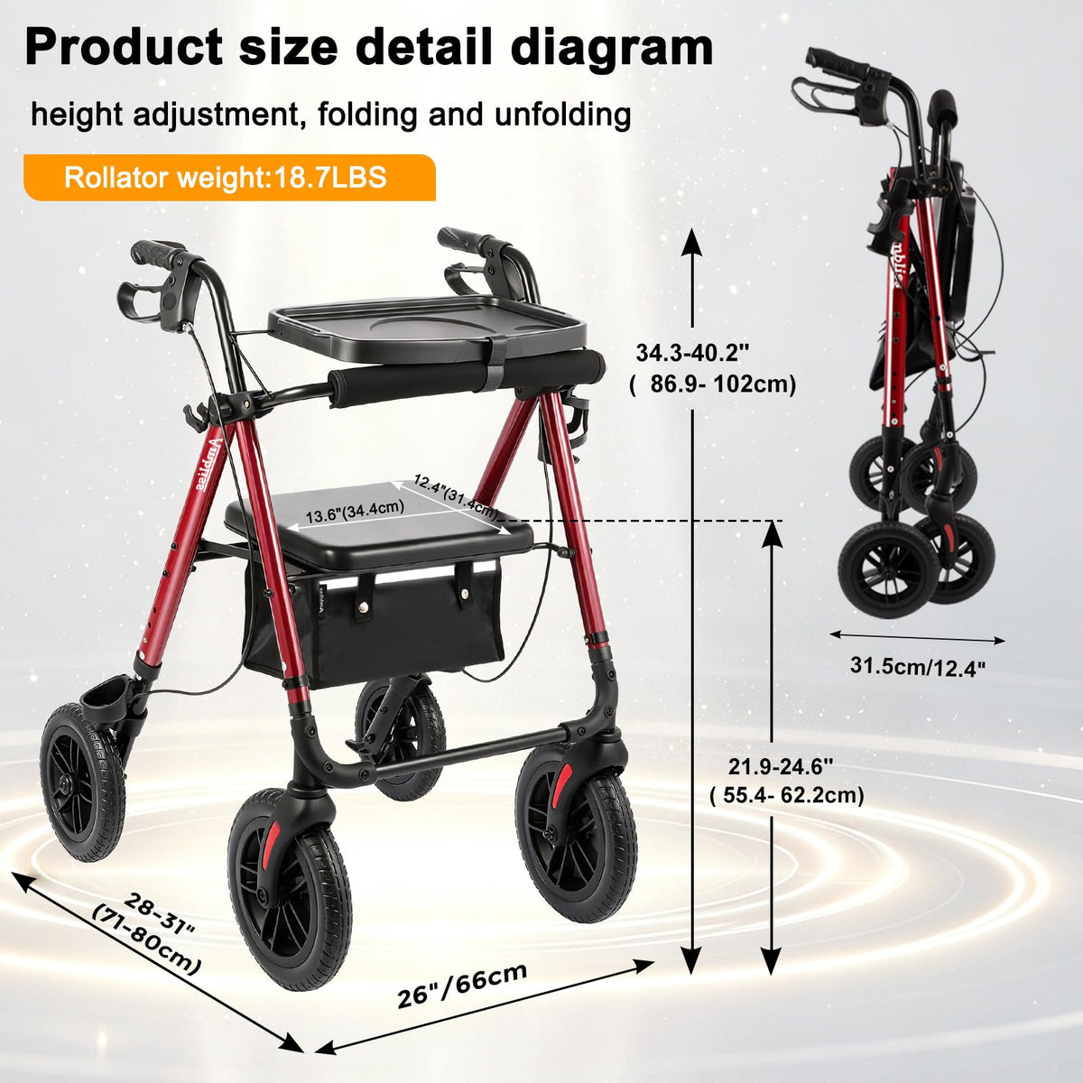 Foldable Rollator Walker with Seat & Tray K716