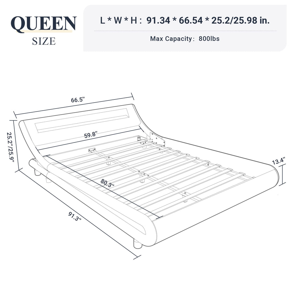 Queen Size LED Platform Bed Frame with Adjustable Headboard, Black H527512