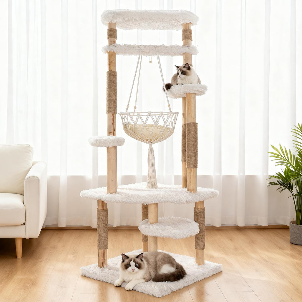 70" Tall Natural Solid Wooden Cat Tree Tower with Scratch Posts Y817