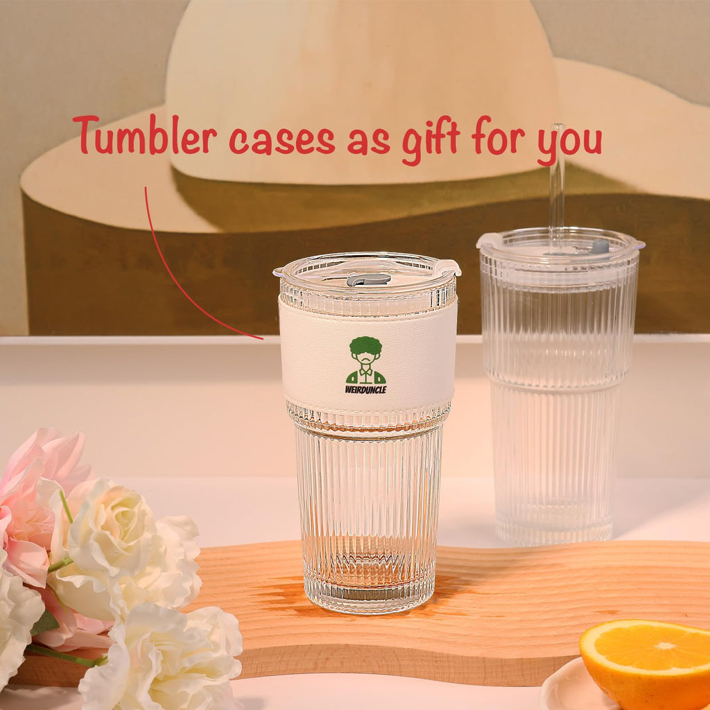 Set of 2 Ribbed Glass Tumbler with Lids and Straws Y65516