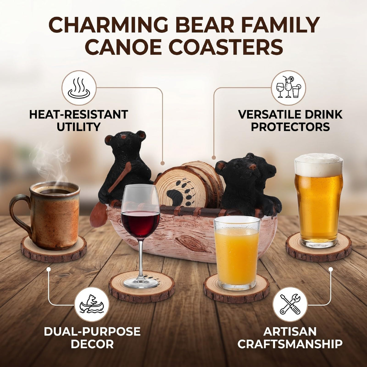 Black Bear Coaster Set with Canoe Holder N589855