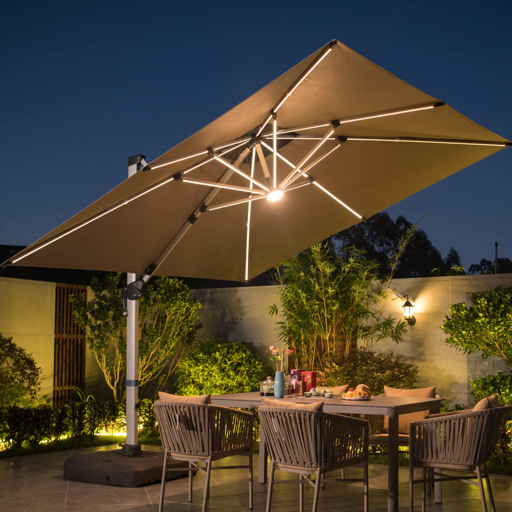 10 FT Square Cantilever Patio Umbrella with Solar LED Lights and Cross Base, Khaki D252935