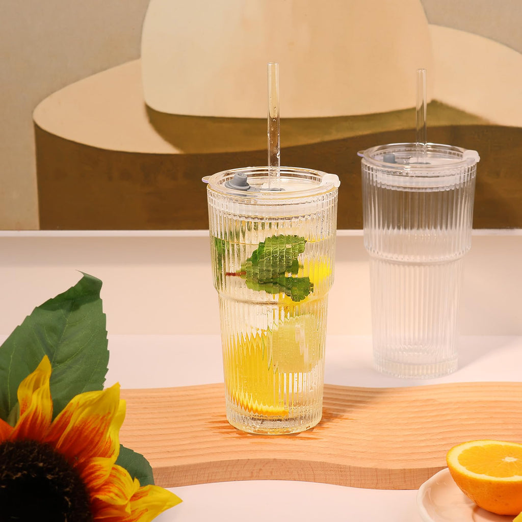 Set of 2 Ribbed Glass Tumbler with Lids and Straws Y65516