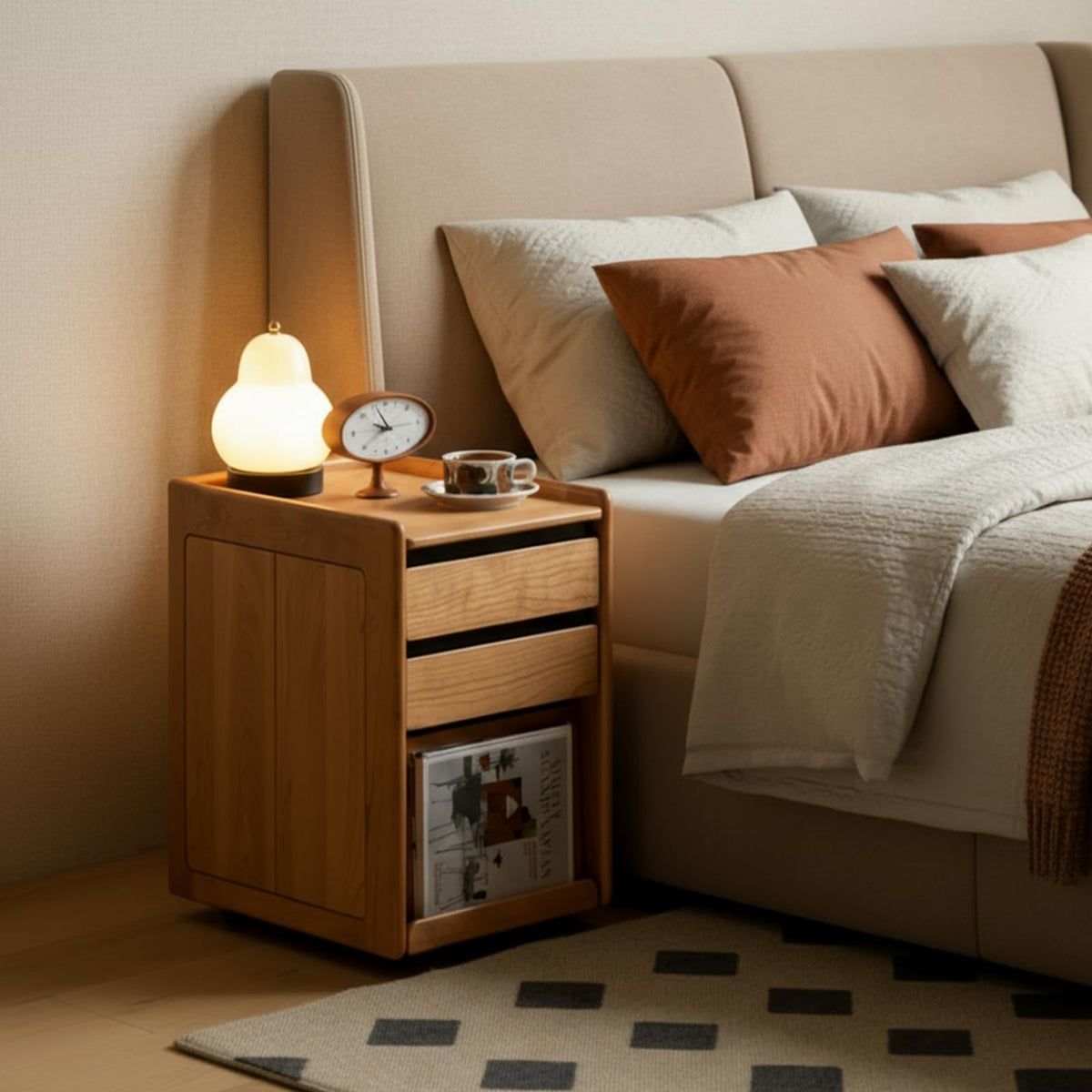 Solid Cherry Wood Side Table with Wheels E828271