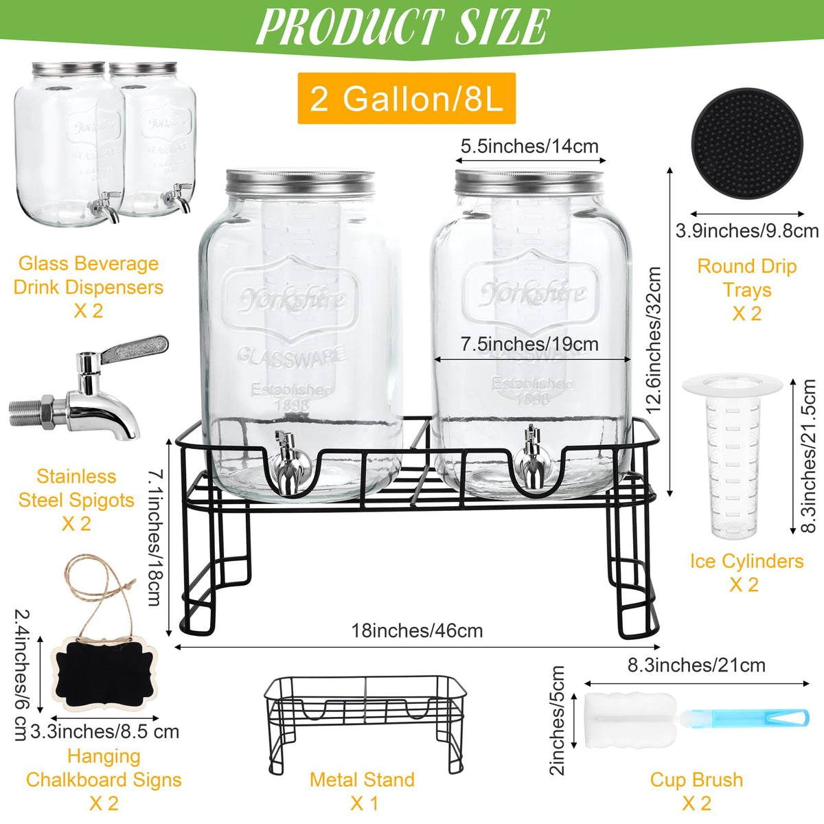 2 Pcs 2 Gallon Glass Beverage Dispenser with Stand J904448