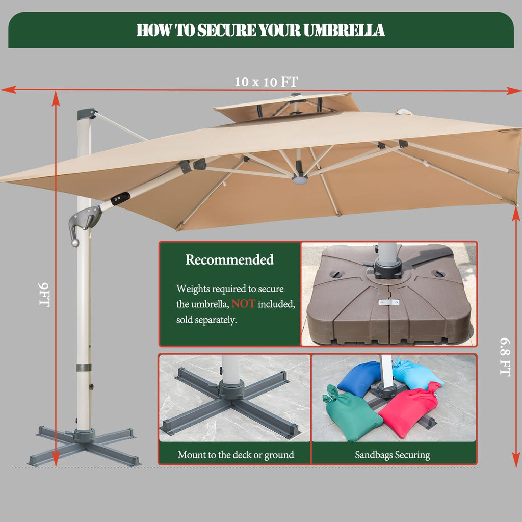 10 FT Square Cantilever Patio Umbrella with Solar LED Lights and Cross Base, Khaki D252935