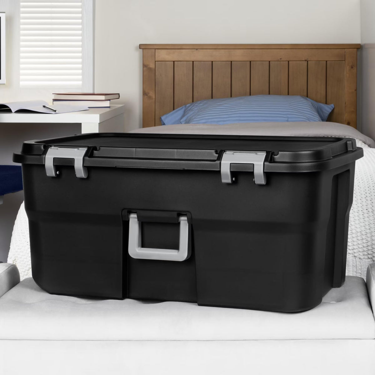 22 Gallon Black Wheeled Plastic Storage Trunk with Lids N21399