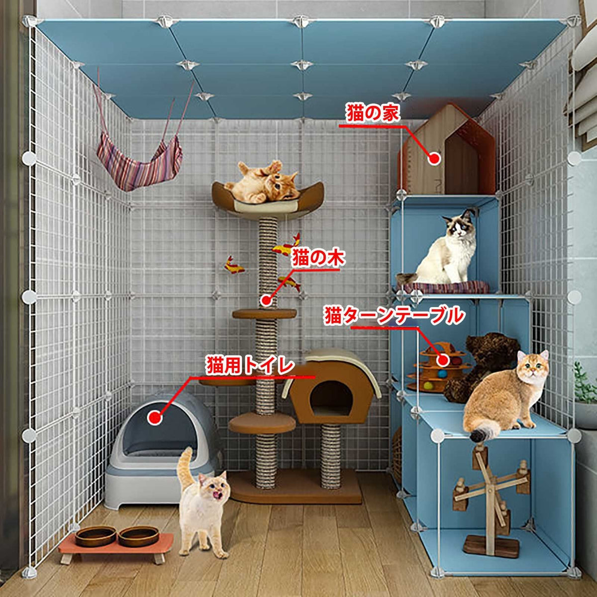 Large Cat Cage Indoor Cat Playpen Detachable Metal Cat Kennels with Ramp Ladders Hammock and Bed Black J394783