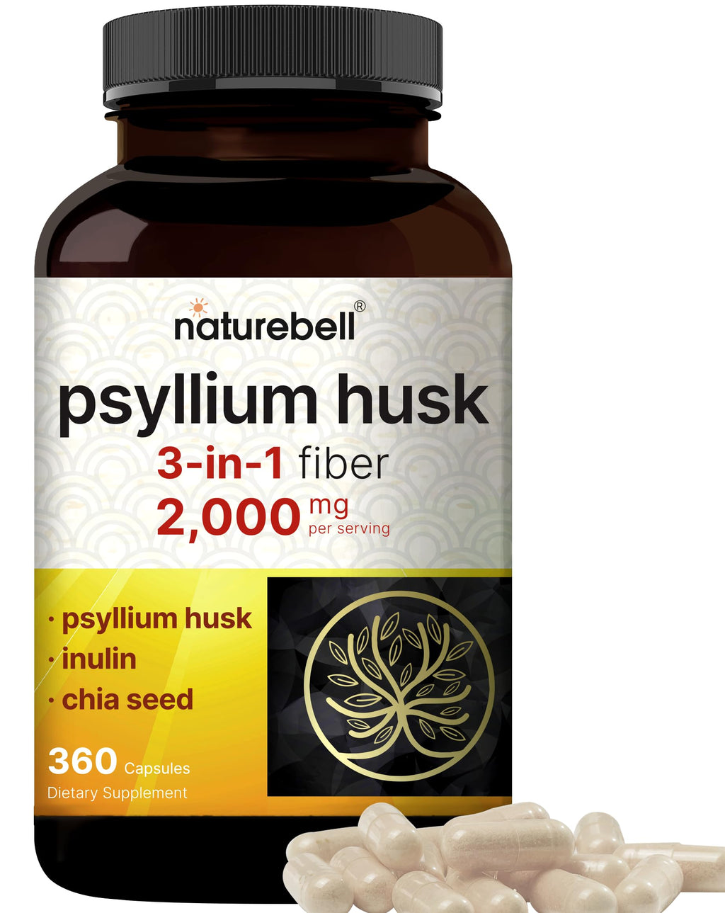 Psyllium Husk Fiber Capsules 2,000mg 360 Caps I88972