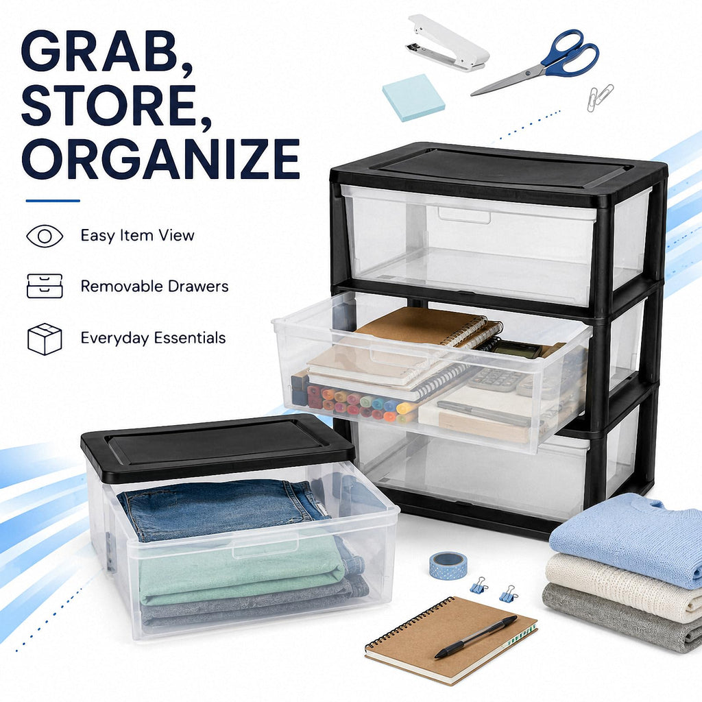 Black 3 Drawer Plastic Storage Tower K61155