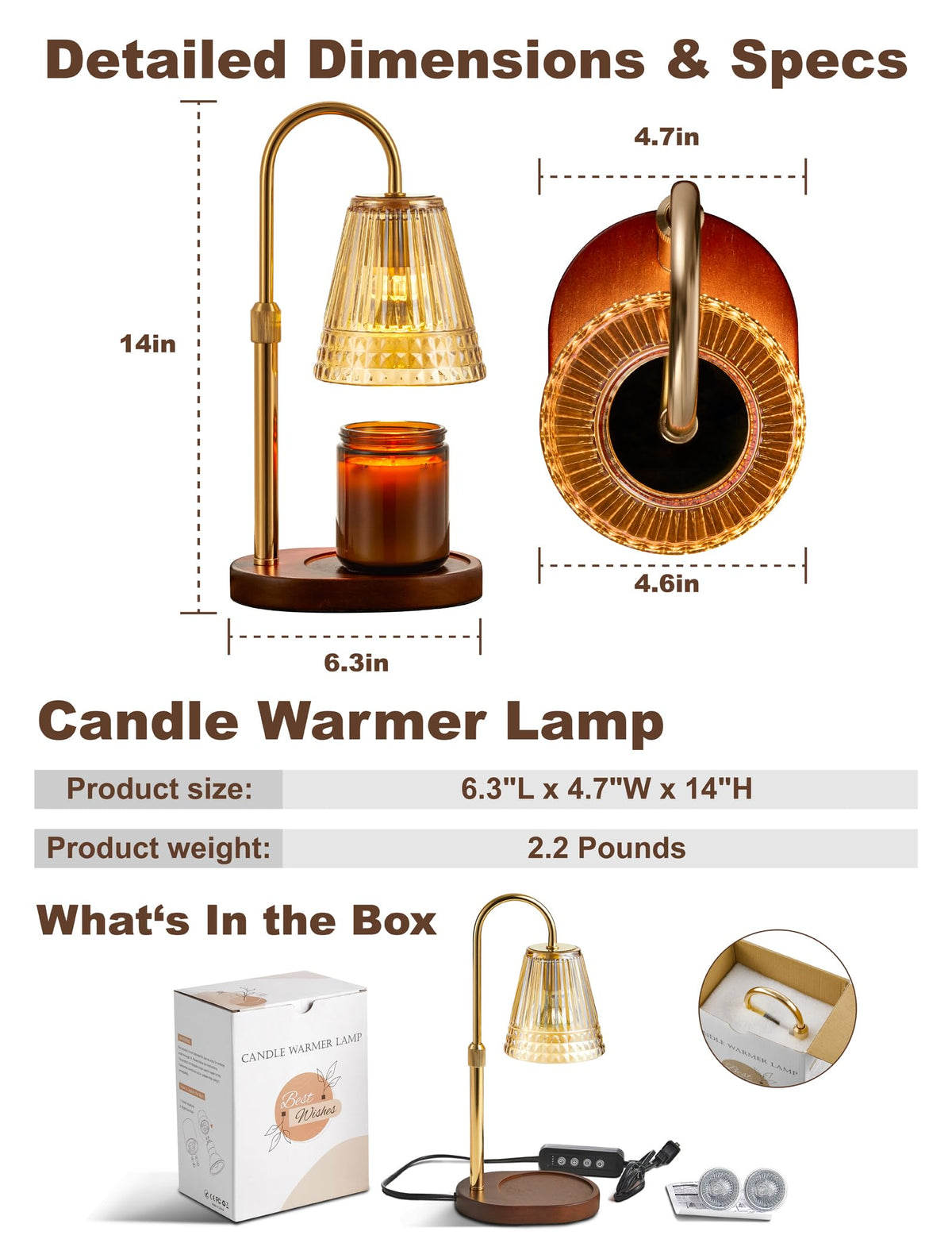 Candle Warmer Lamp with Dimmer & Timer, Adjustable Height, Amber-gold K66013