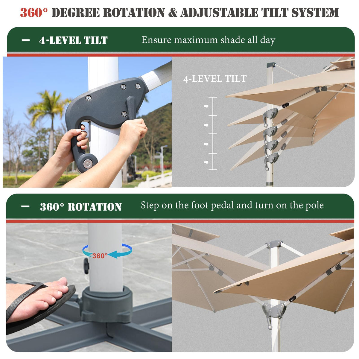 10 FT Square Cantilever Patio Umbrella with Solar LED Lights and Cross Base, Khaki D252935