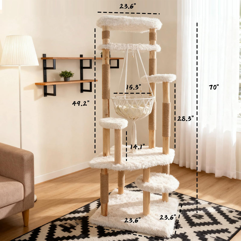 70" Tall Natural Solid Wooden Cat Tree Tower with Scratch Posts Y817