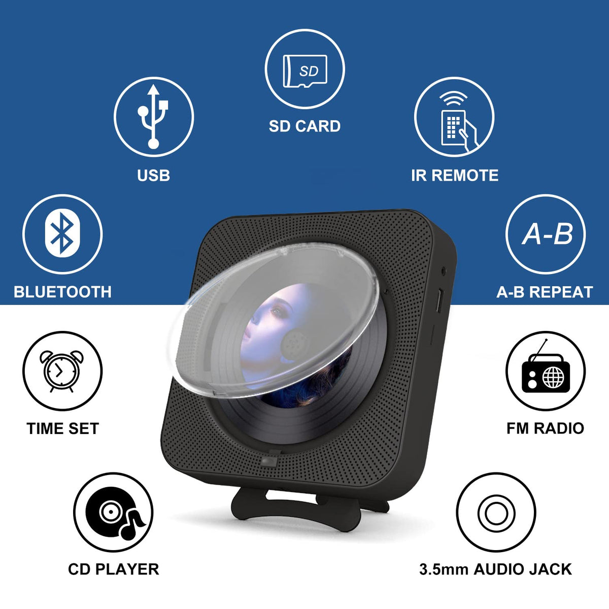 Portable CD Player with Bluetooth, Dual Speakers, LED Display, FM Radio, Black U719