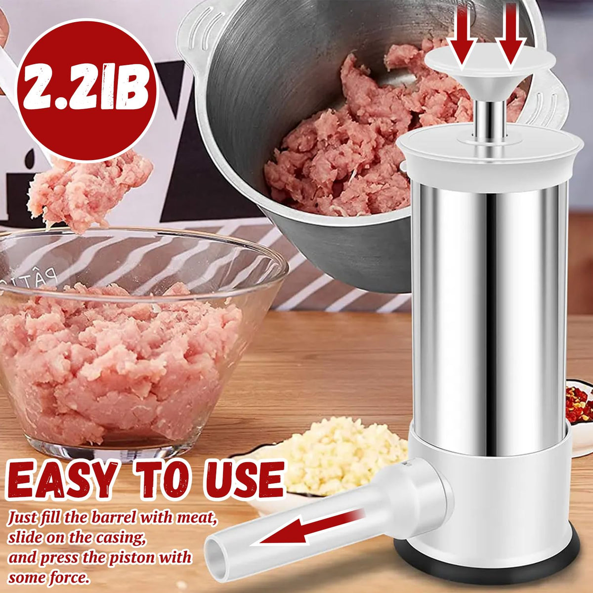 2.2lb Stainless Steel Sausage Stuffer with 4 Stuffing Tubes H744