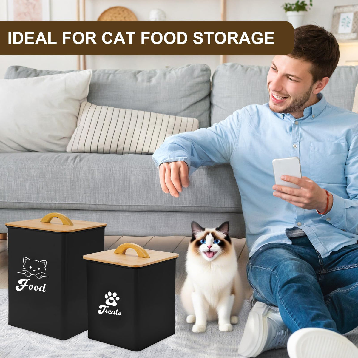 Black Airtight Cat Food Storage Container with Scoop Q83339