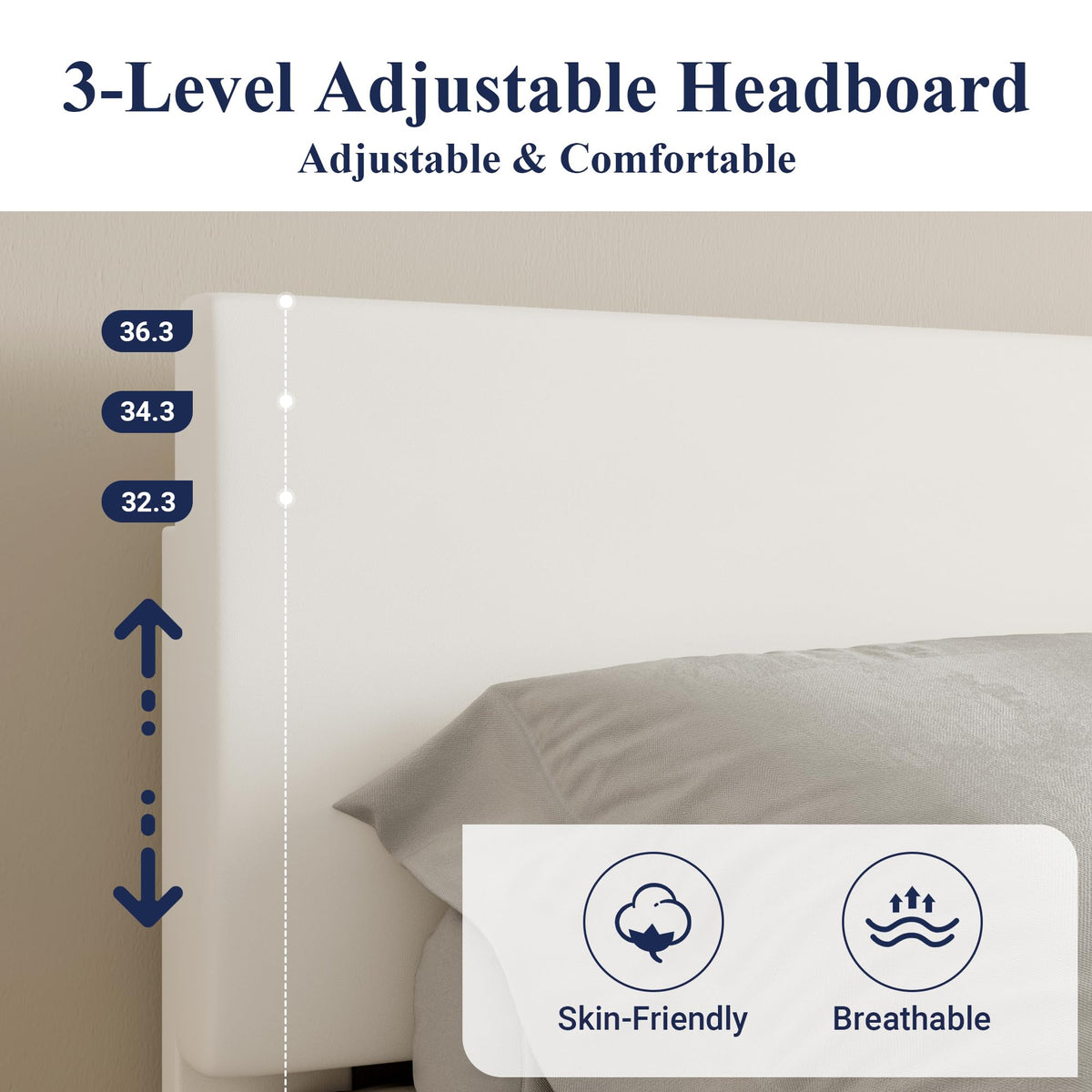 Queen Size Upholstered Bed Frame with Adjustable Headboard H616372