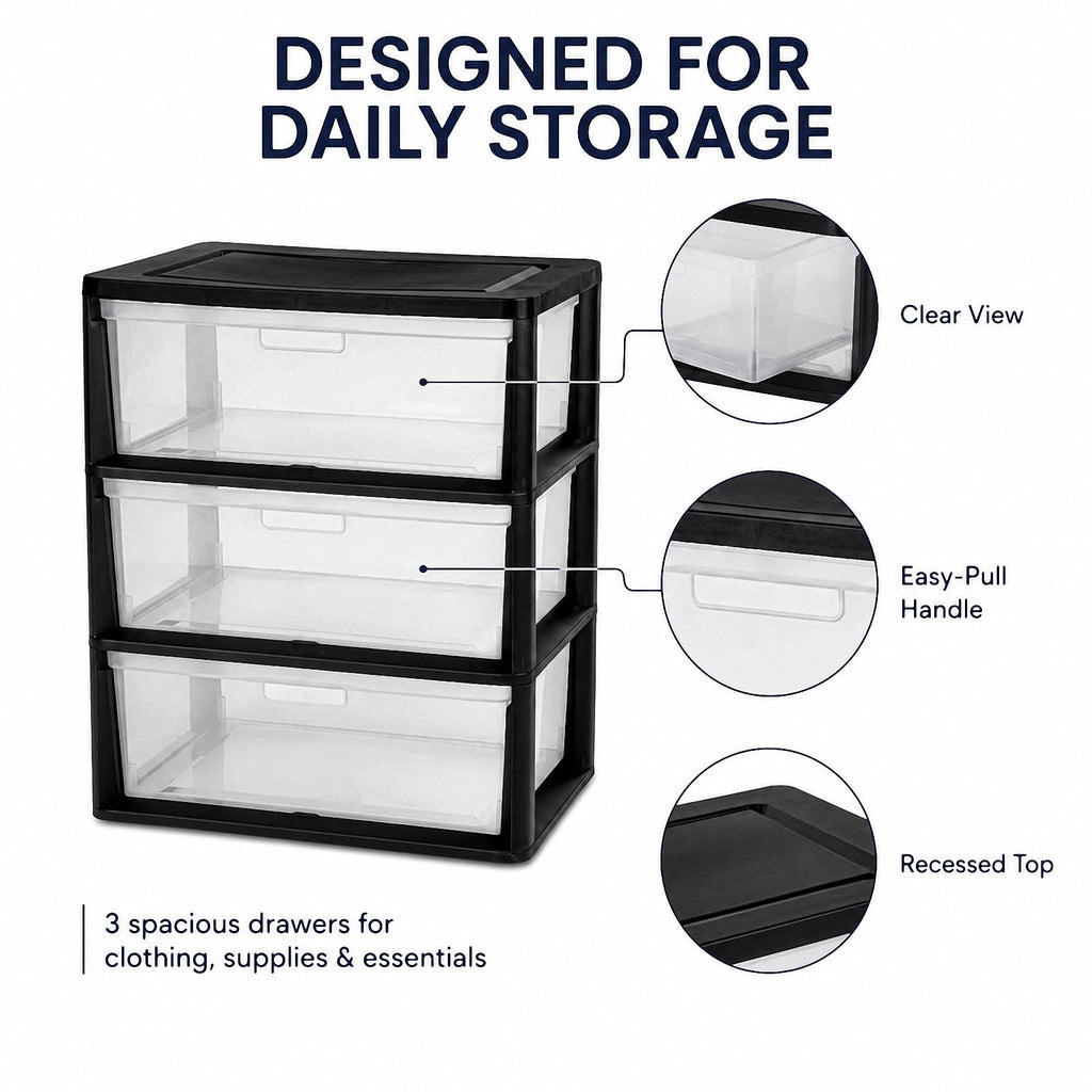 Black 3 Drawer Plastic Storage Tower K61155