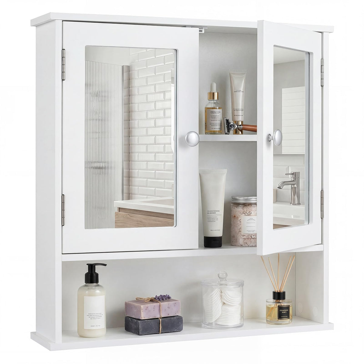 Wall Mounted Mirror Medicine Cabinet with Doors and Shelves J48929