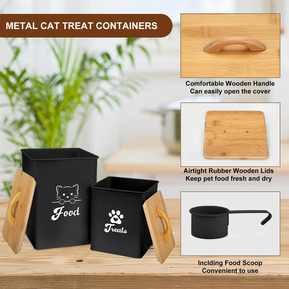 Black Airtight Cat Food Storage Container with Scoop Q83339