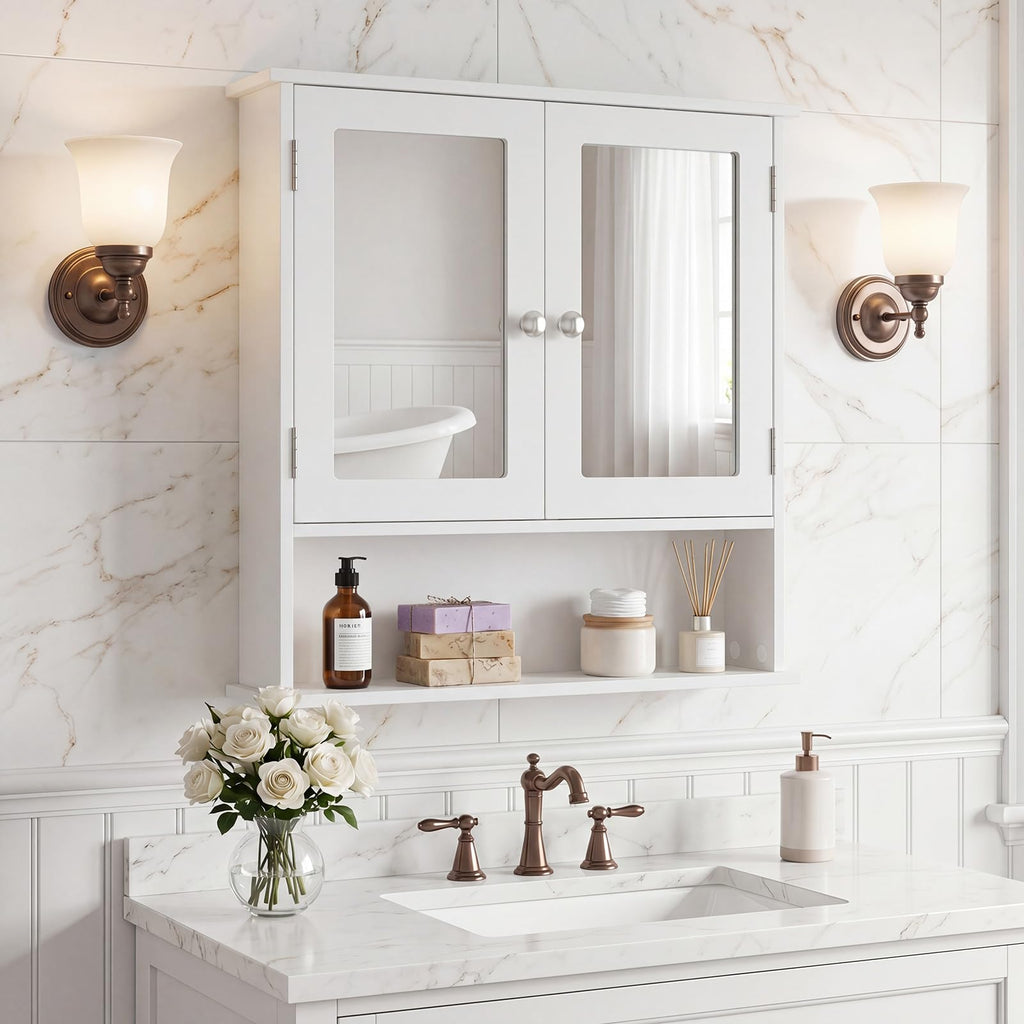 Wall Mounted Mirror Medicine Cabinet with Doors and Shelves J48929