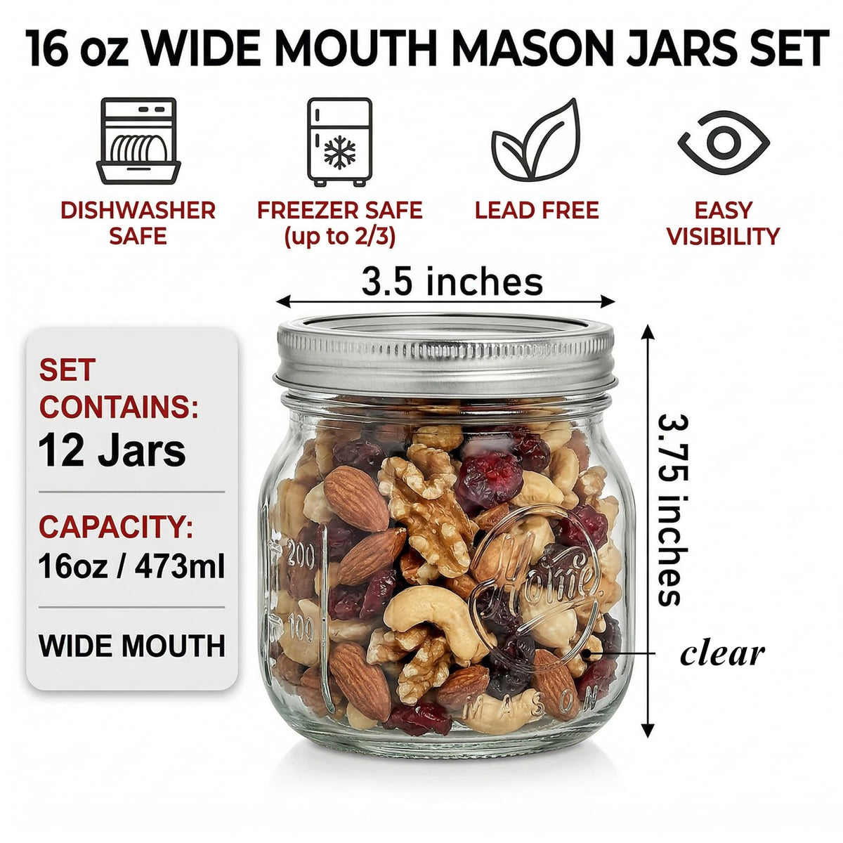 12 Pack 16Oz Wide Mouth Glass Mason Jars with Airtight Lids R200800