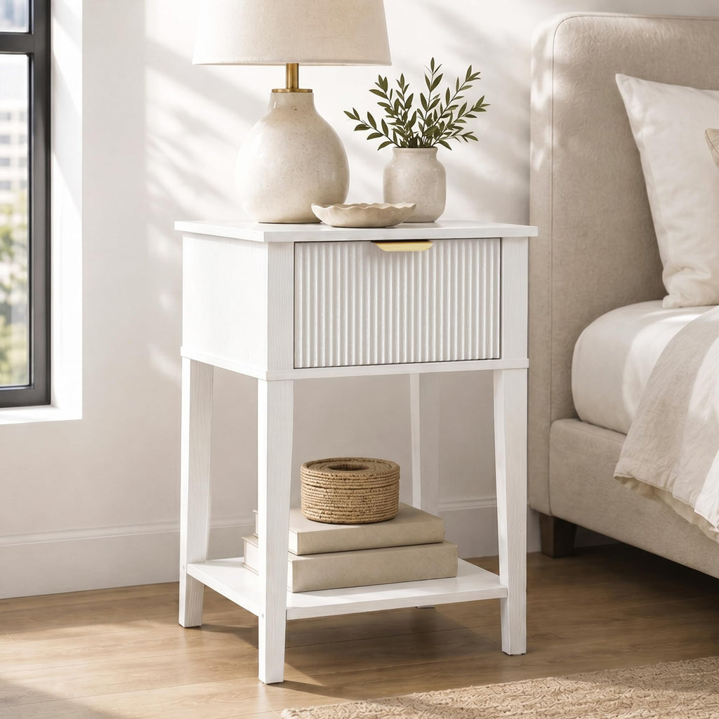 White Nightstand with Drawer and Open Shelf I38172
