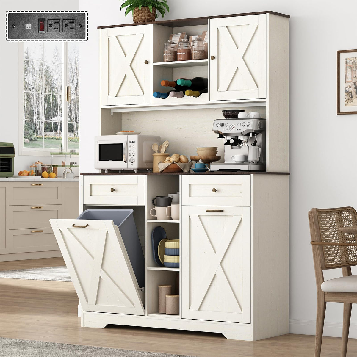 White Kitchen Pantry Storage Cabinet with Power Outlets and Two Drawers X18964