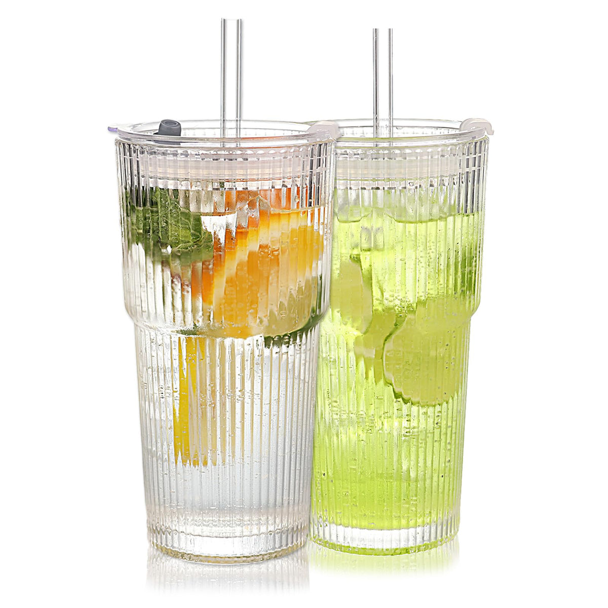 Set of 2 Ribbed Glass Tumbler with Lids and Straws Y65516