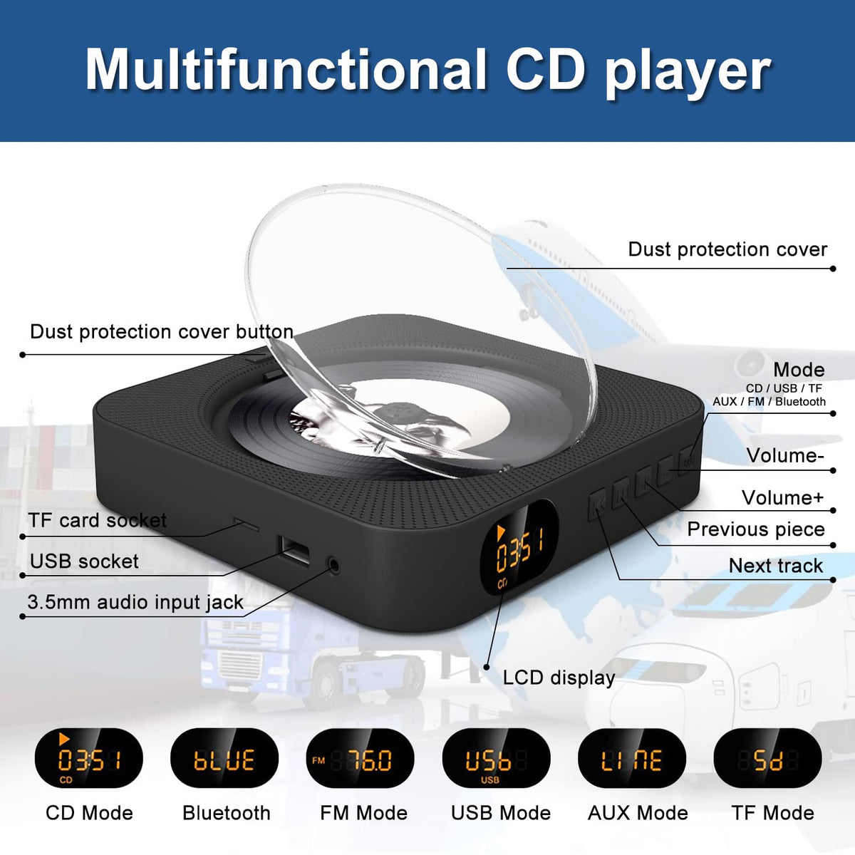 Portable CD Player with Bluetooth, Dual Speakers, LED Display, FM Radio, Black U719