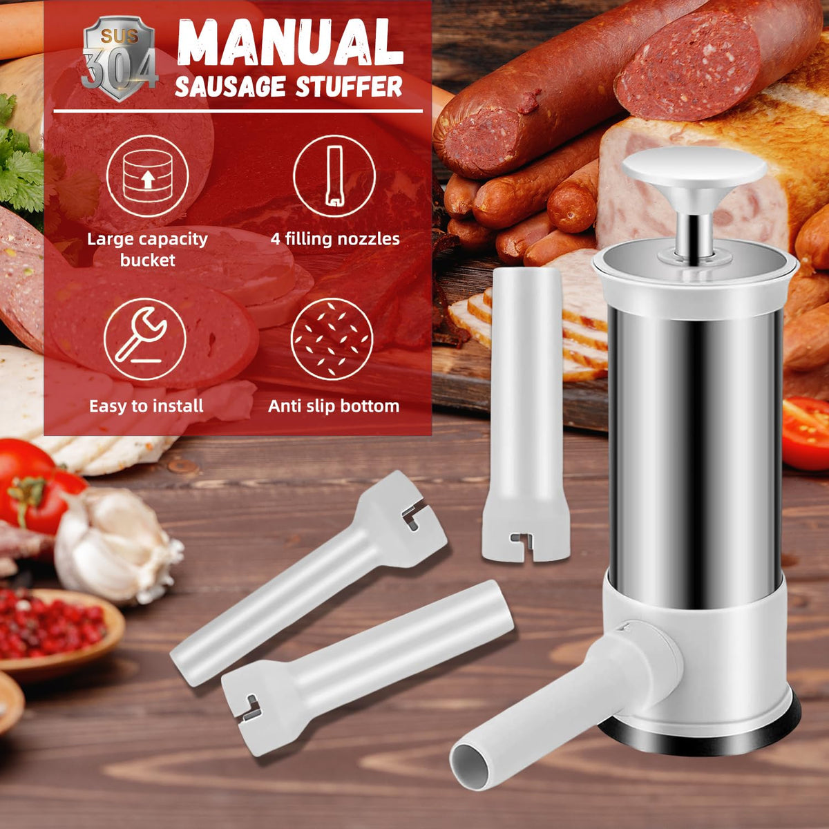 2.2lb Stainless Steel Sausage Stuffer with 4 Stuffing Tubes H744
