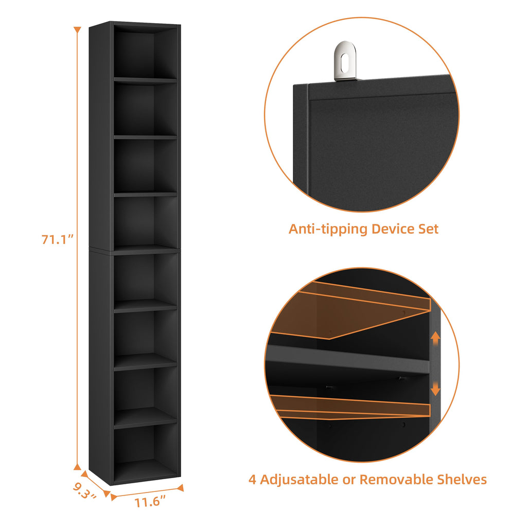 71 Inches Tall Narrow 8-Tier Bookcase with Adjustable Shelves Z116298