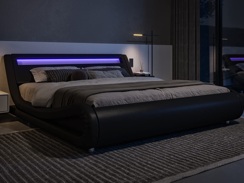 Queen Size LED Platform Bed Frame with Adjustable Headboard, Black H527512