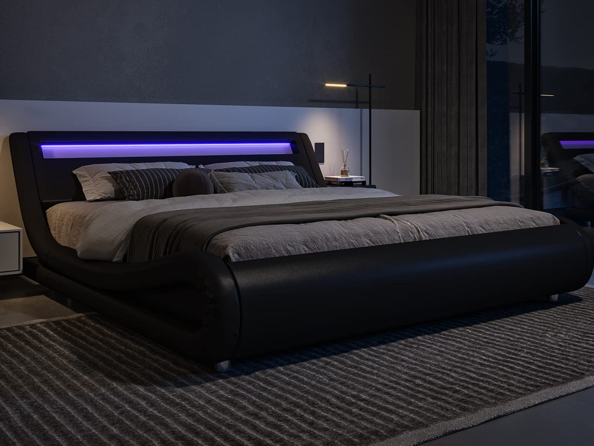 Queen Size LED Platform Bed Frame with Adjustable Headboard, Black H527512