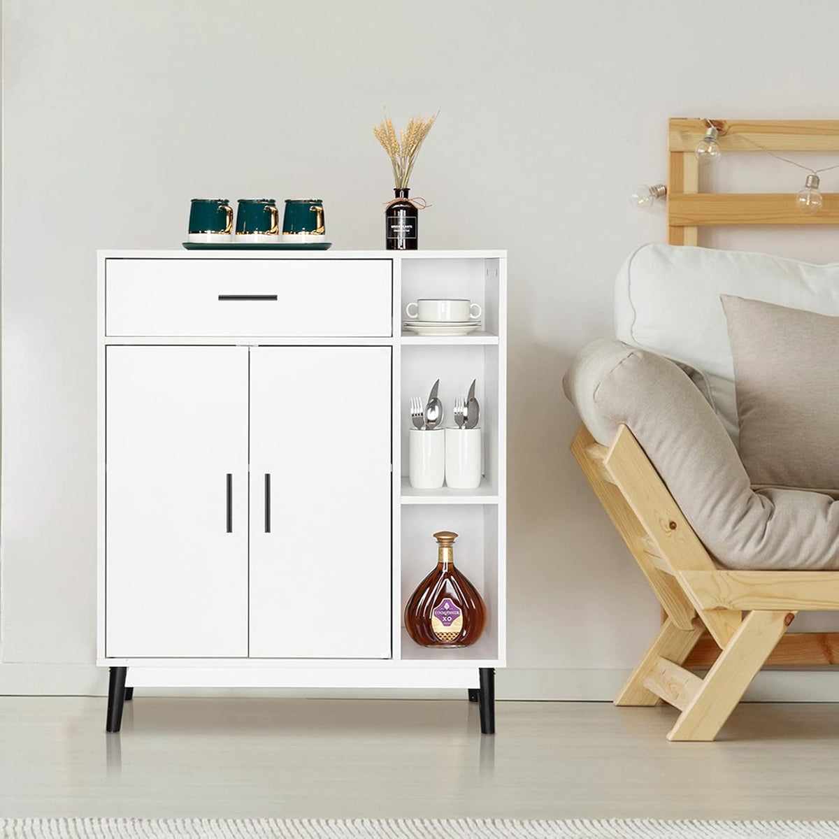 White Wood Accent Cabinet with Open Shelves and Doors C3387
