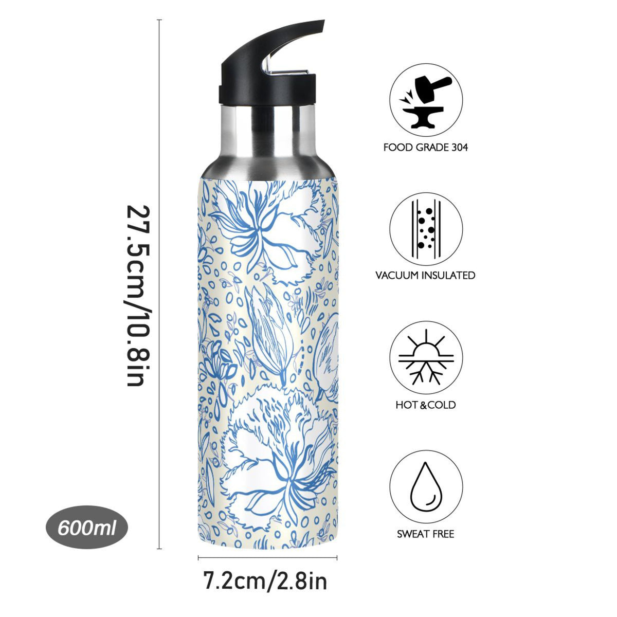 Retro Blue Floral Bouquet Stainless Steel Insulated Flask P2644