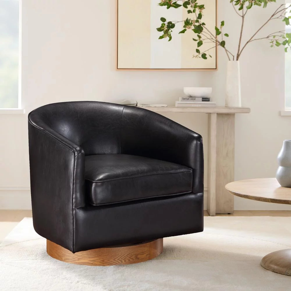 Brown Faux Leather Wood Base Swivel Chair F500