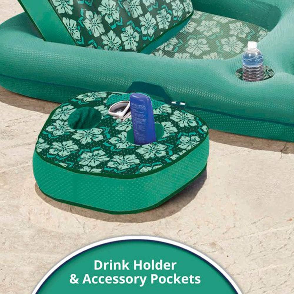 Navy Aqua White Stripe Inflatable Pool Float Lounge with Sunshade Canopy and Cupholder G505195
