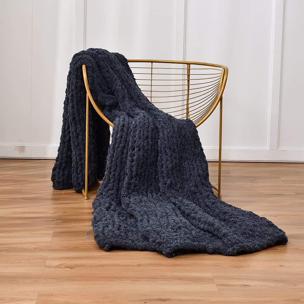Chunky Knit Chenille Throw Blanket Navy 40×59 E528756