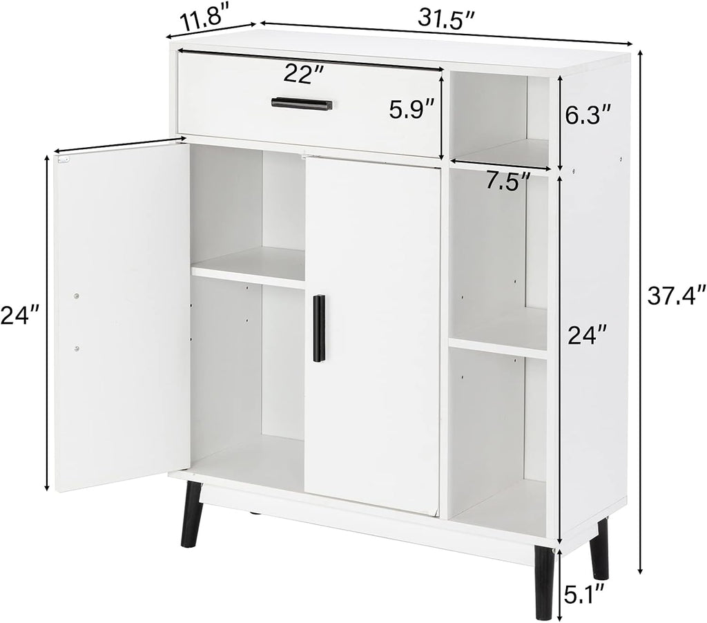 White Wood Accent Cabinet with Open Shelves and Doors C3387