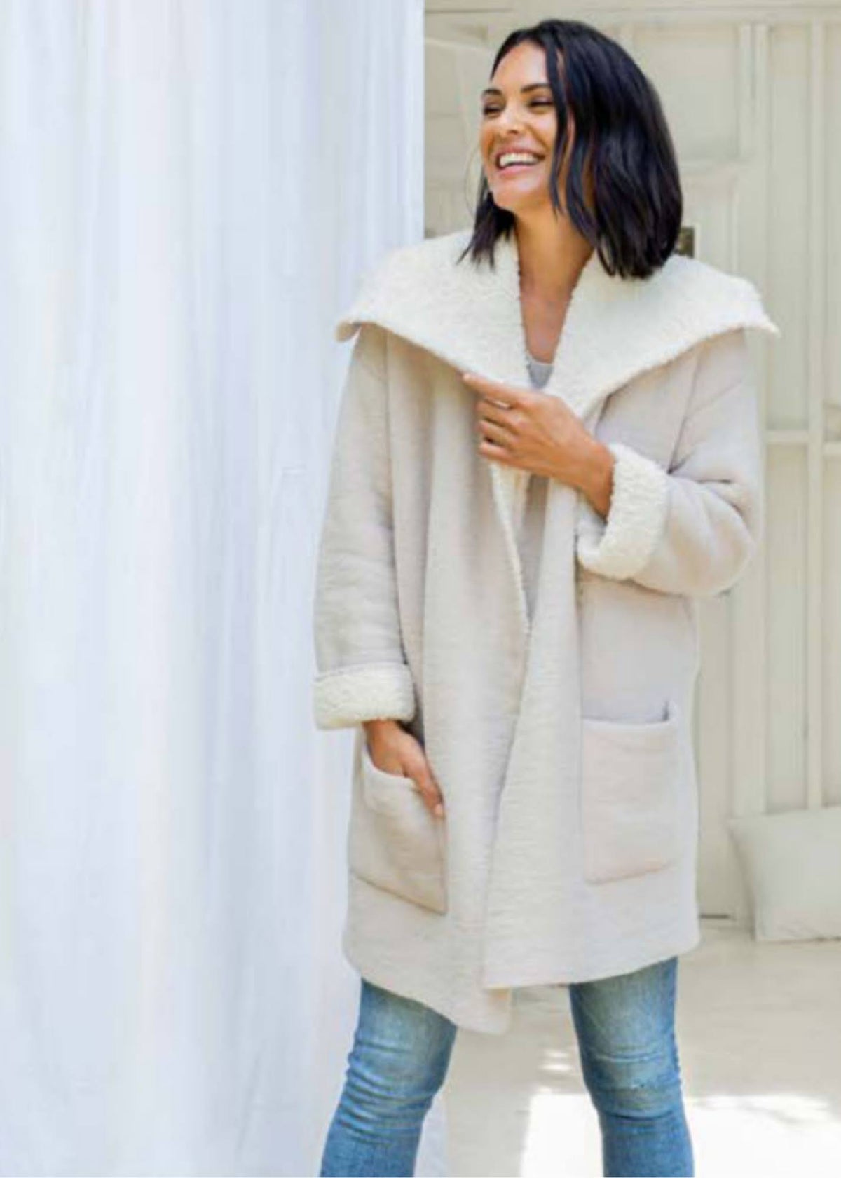 Stone Cream Shearling Car Coat P8110